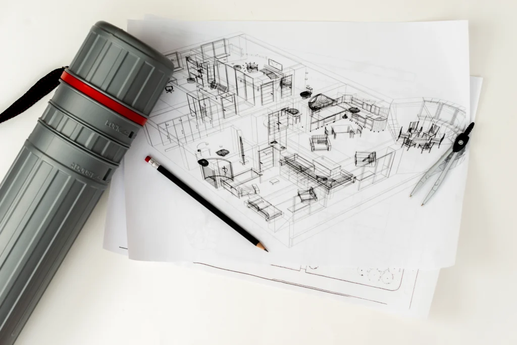 Architect sketching a sustainable building concept with solar rooftop and glass detailing DesignTech Global architecture design