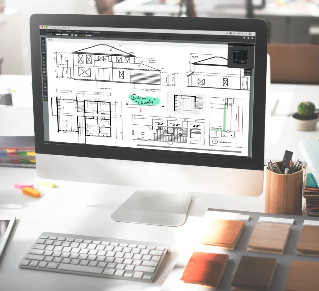 BIM architecture design software showing house elevation and floor plan on screen — DesignTech Global