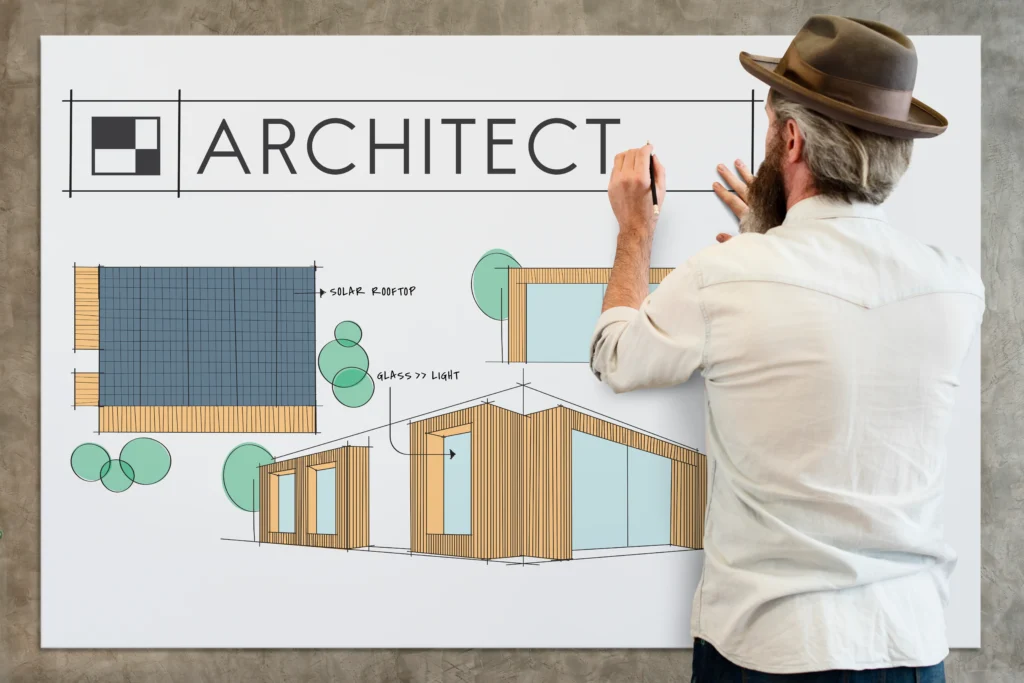 3D architectural interior sketch with drafting tools and blueprint tube — architecture design company USA